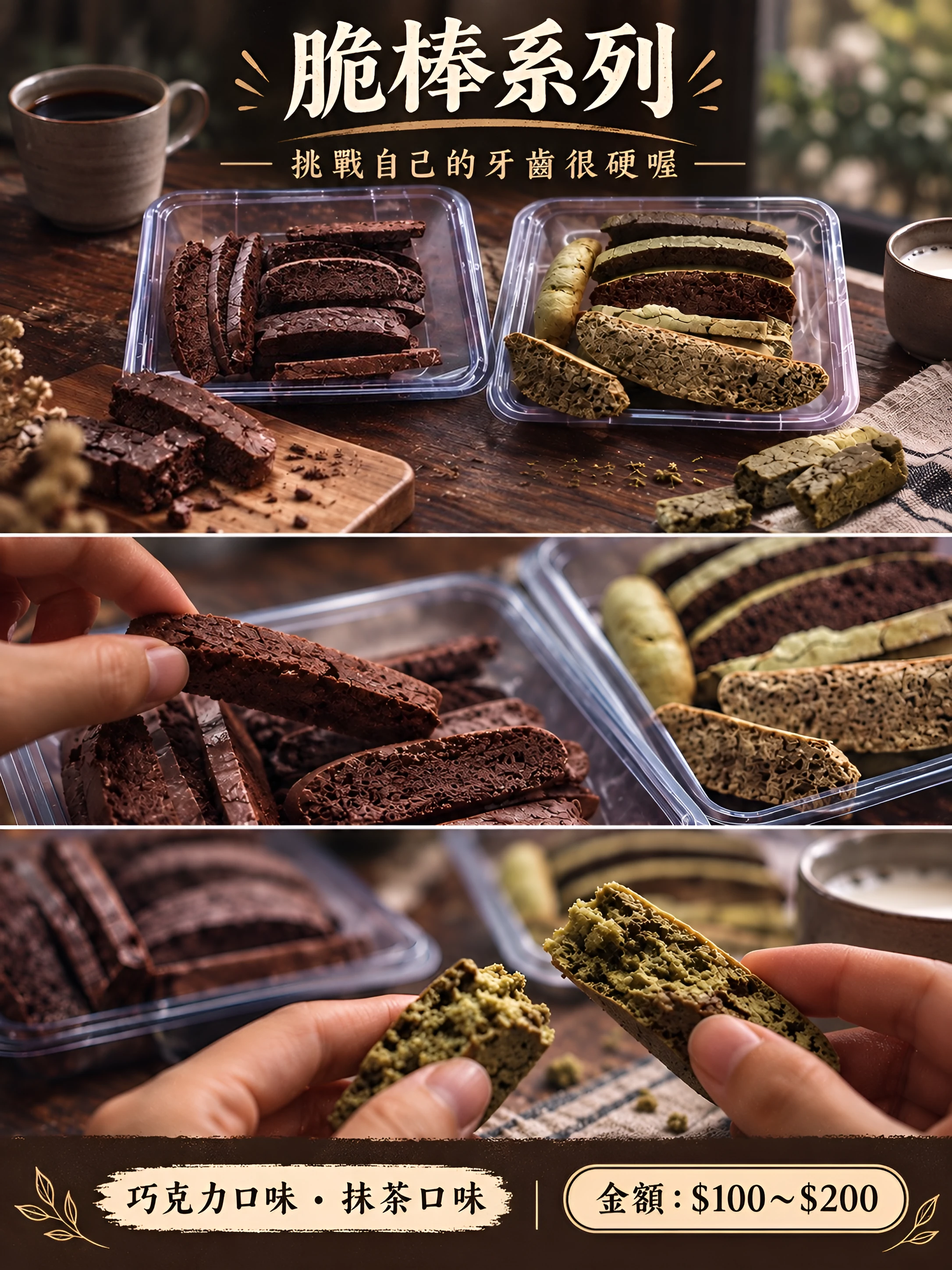 脆棒系列：巧克力和抹茶脆棒裝在透明方形盒，手把脆棒剝開