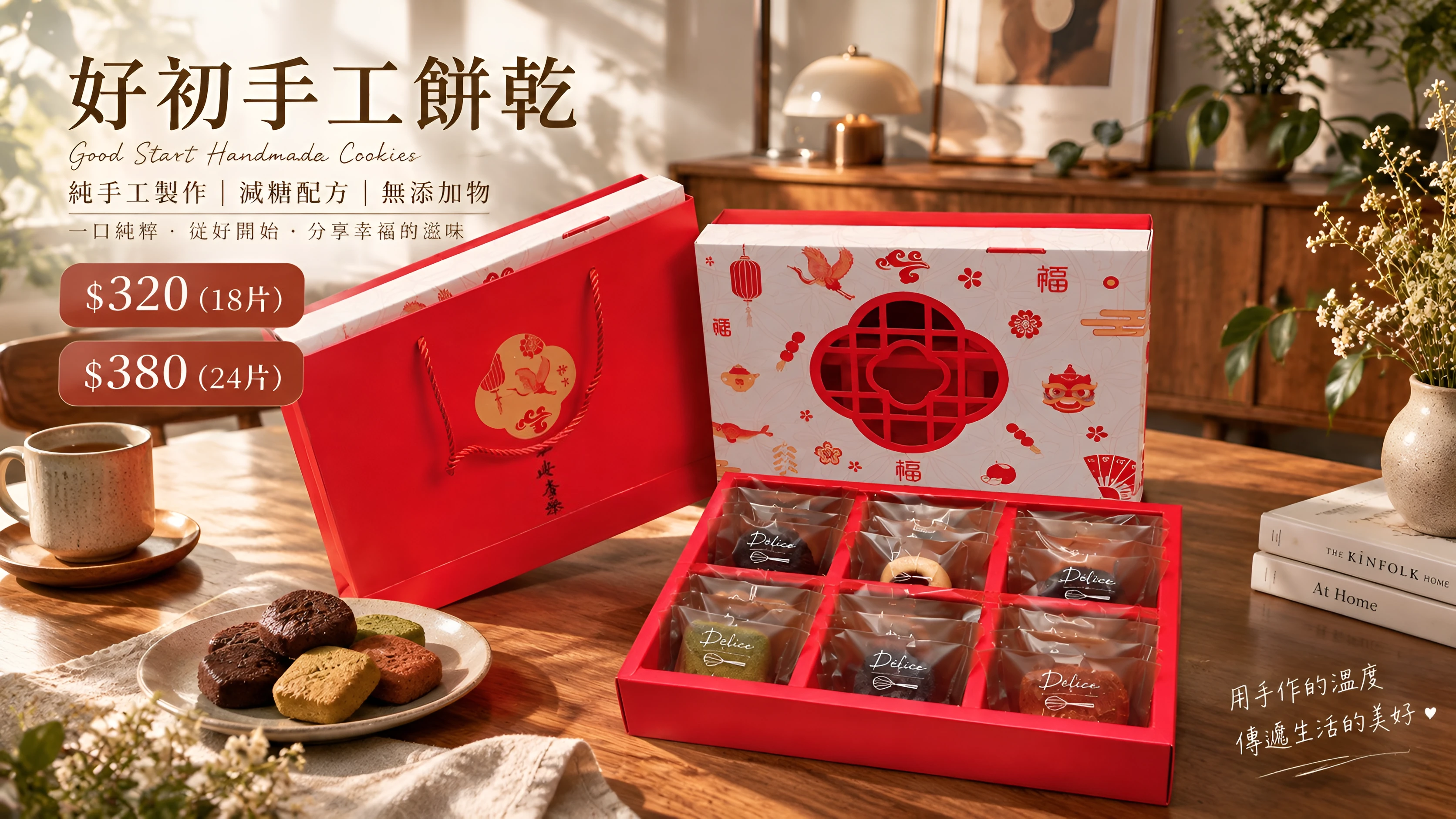 中式窗花禮盒：紅色提袋、白底紅窗花外盒和打開的紅色內盒，旁邊一盤餅乾