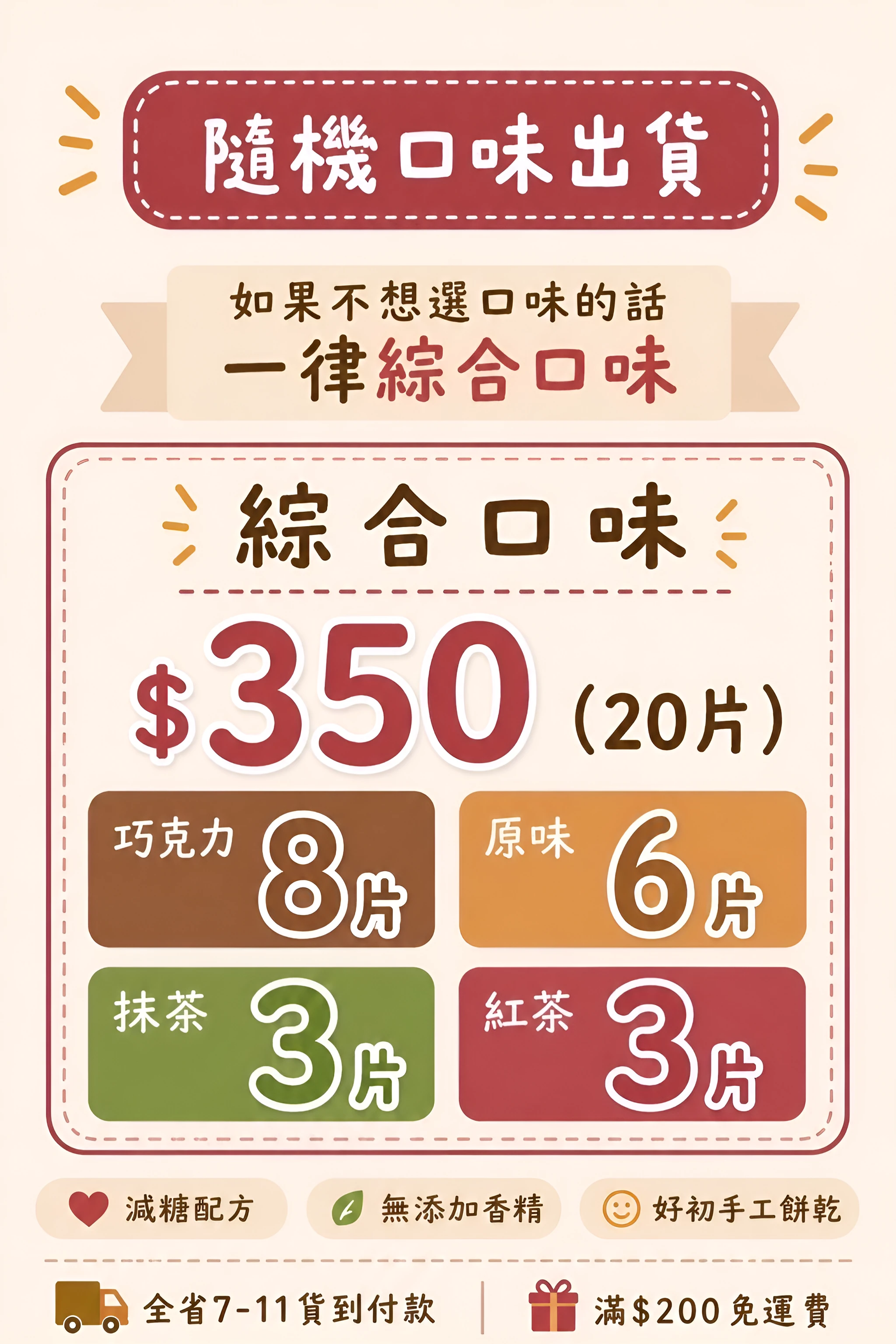 20 片綜合口味配比：巧克力 8 片、原味 6 片、抹茶 3 片、紅茶 3 片