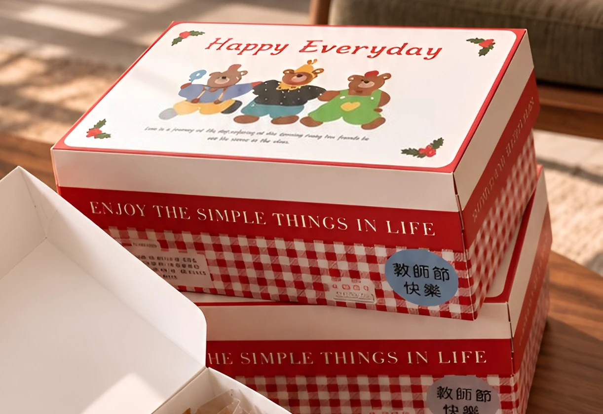 可愛熊熊禮盒：紅白格子盒身，白色盒蓋印 Happy Everyday 和三隻熊熊插畫