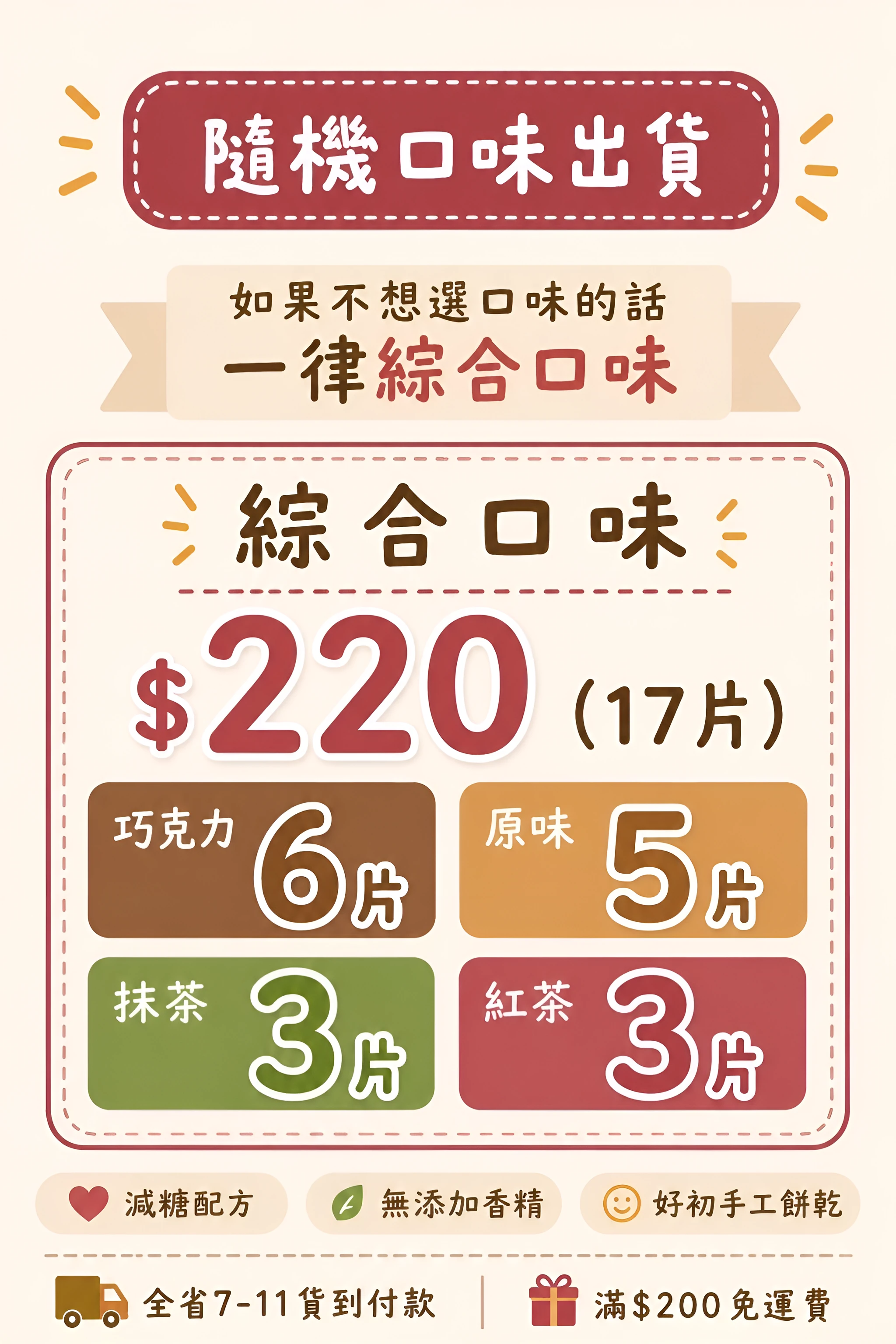 17 片綜合口味配比：巧克力 6 片、原味 5 片、抹茶 3 片、紅茶 3 片