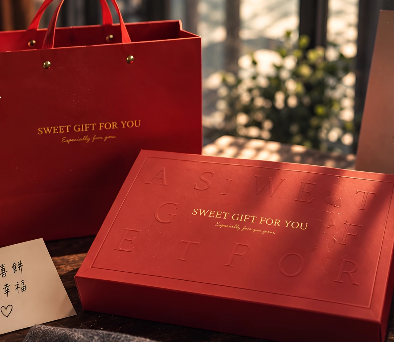 甜蜜禮盒：紅色手提袋和紅色燙金 SWEET GIFT FOR YOU 掀蓋盒