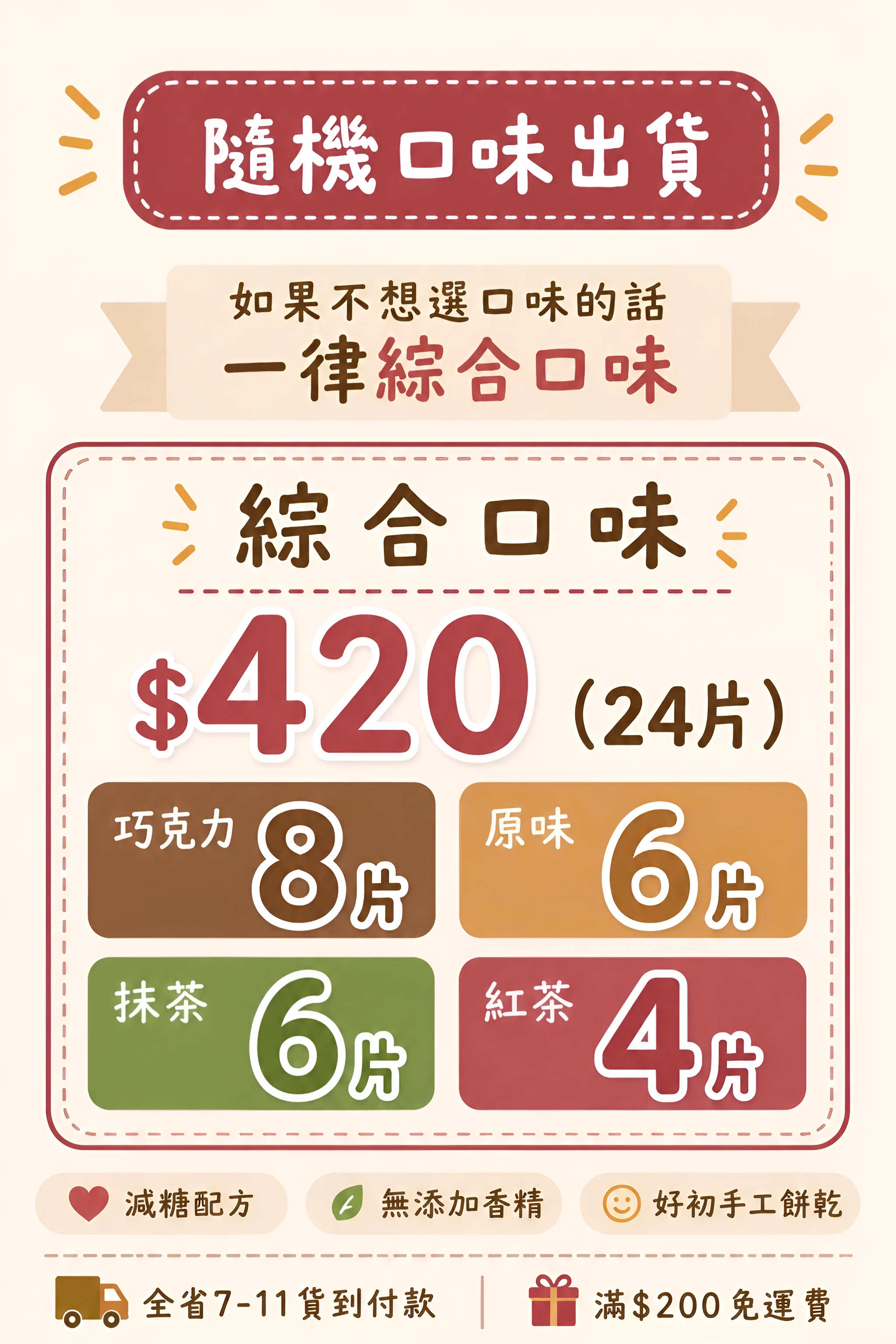 24 片綜合口味配比：巧克力 8 片、原味 6 片、抹茶 6 片、紅茶 4 片