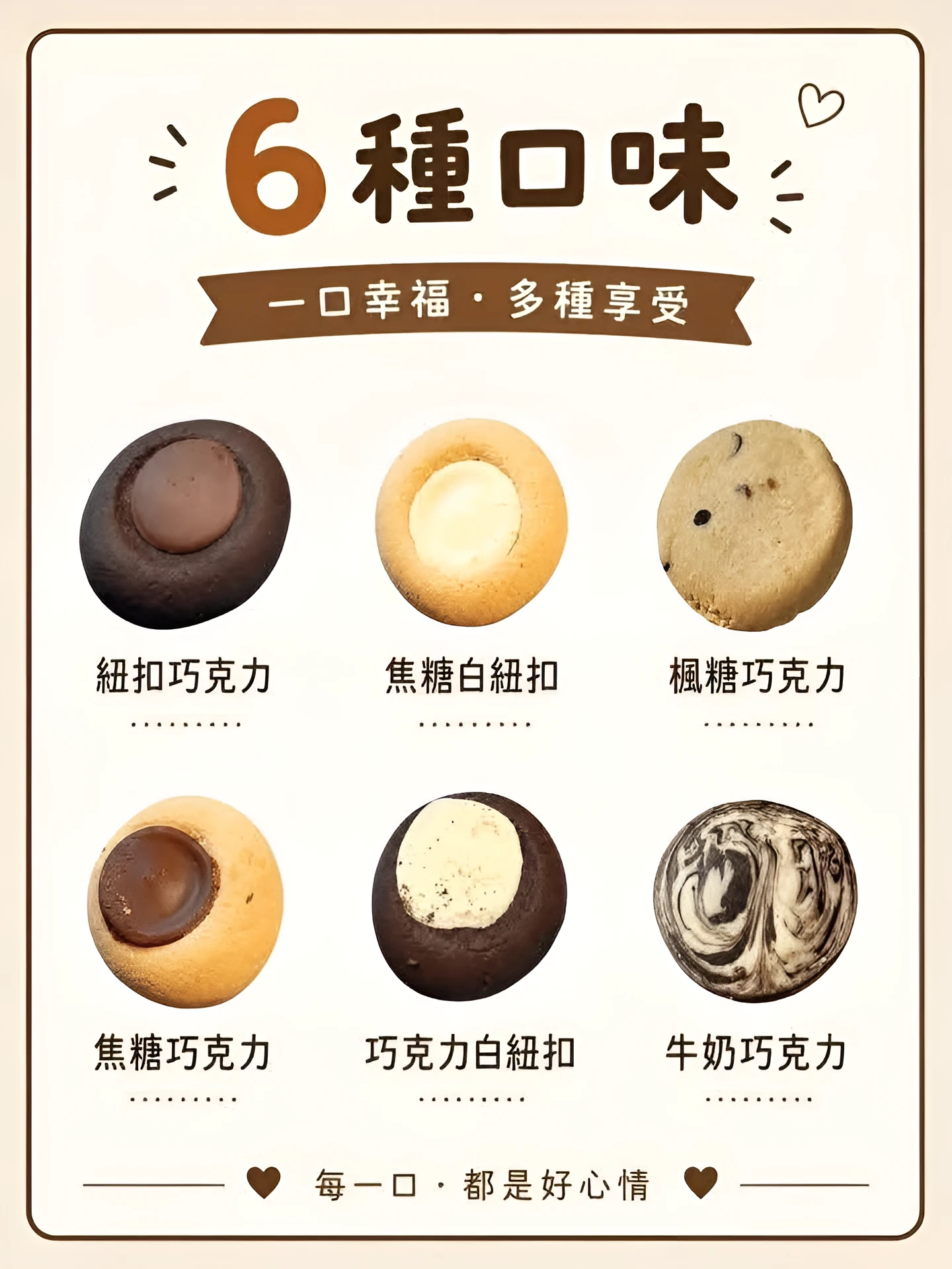 紐扣／巧克力 6 種口味海報：紐扣巧克力、焦糖白紐扣、楓糖巧克力、焦糖巧克力、巧克力白紐扣、牛奶巧克力