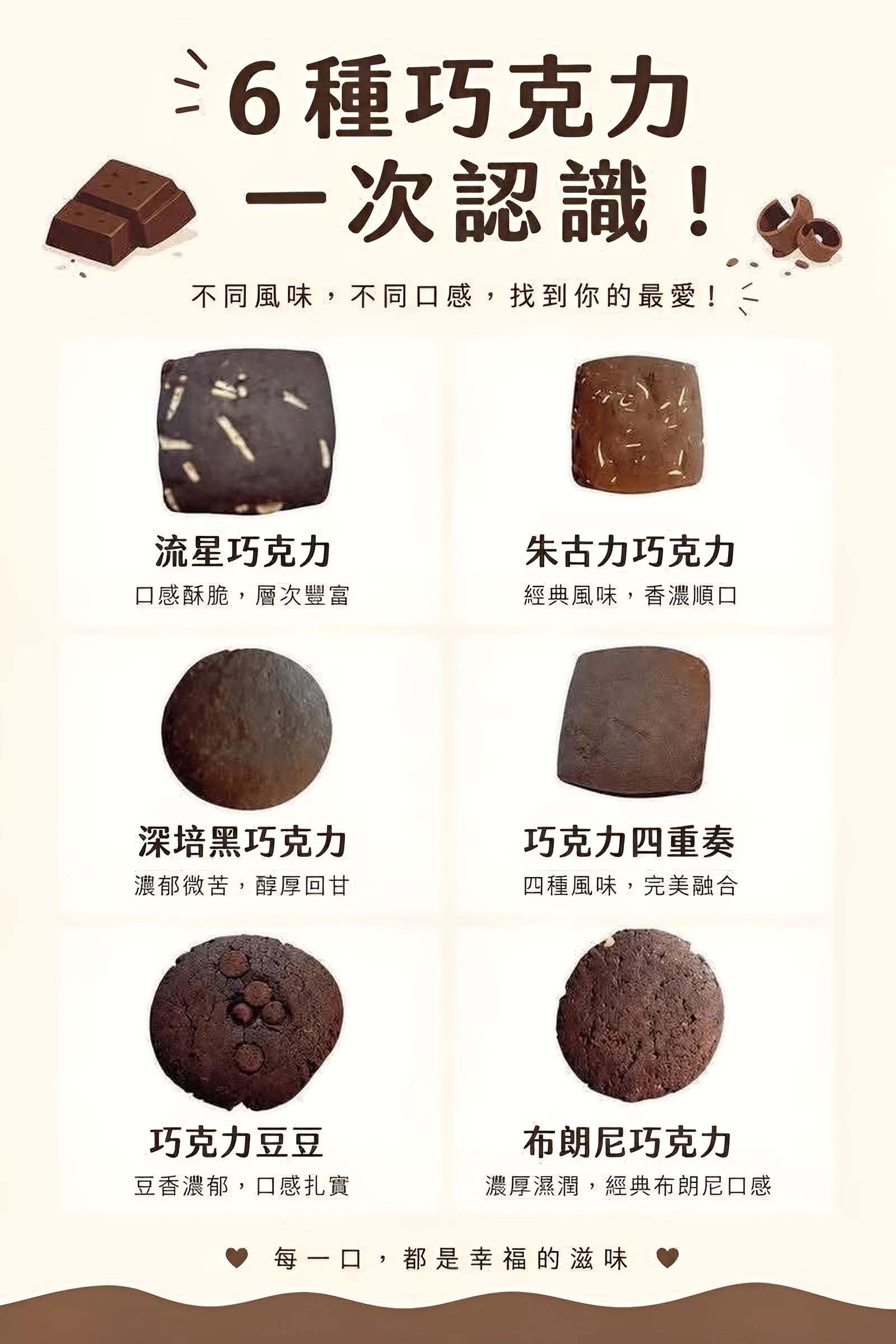 6 種巧克力口味海報：流星巧克力、朱古力巧克力、深培黑巧克力、巧克力四重奏、巧克力豆豆、布朗尼巧克力