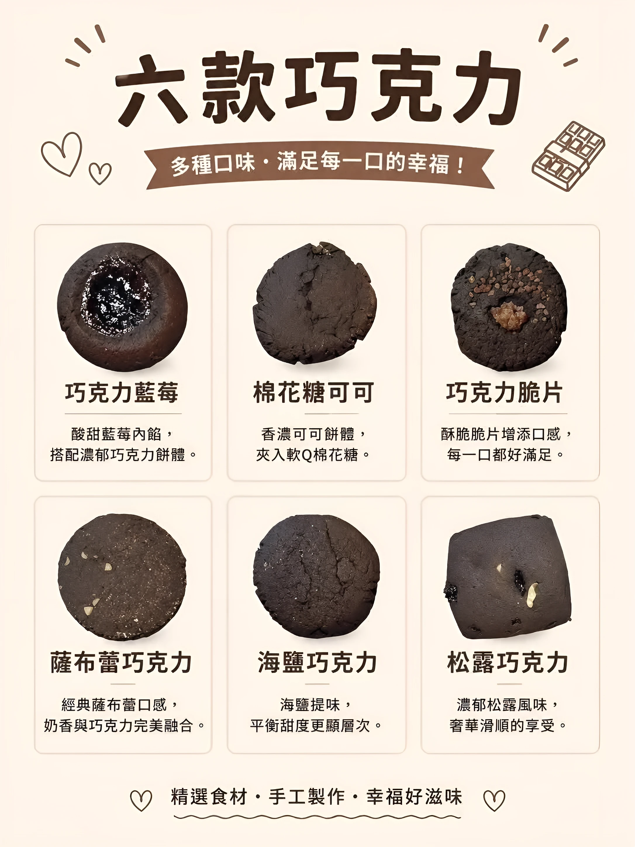 六款巧克力口味海報：巧克力藍莓、棉花糖可可、巧克力脆片、薩布蕾巧克力、海鹽巧克力、松露巧克力