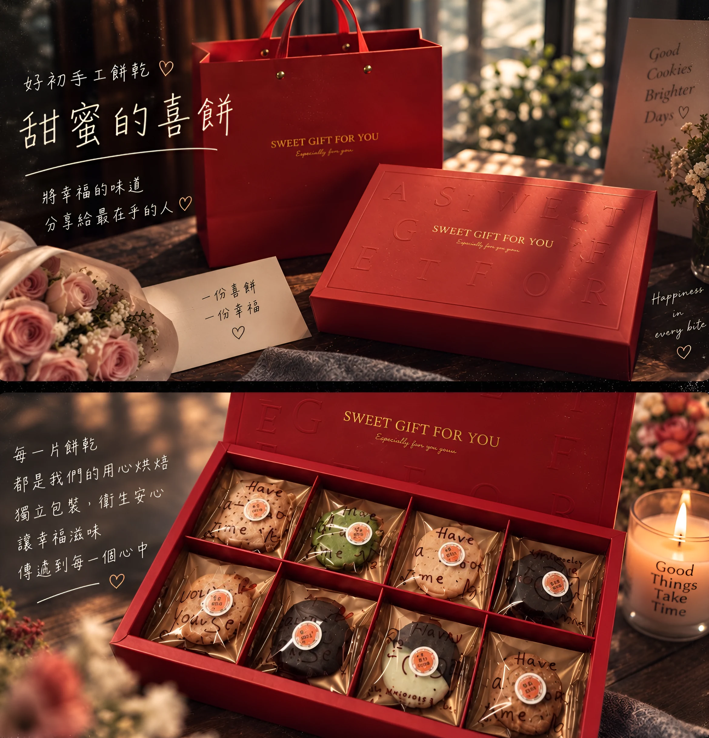 甜蜜禮盒：紅色提袋與燙金掀蓋盒，盒內 8 格，每片獨立包裝