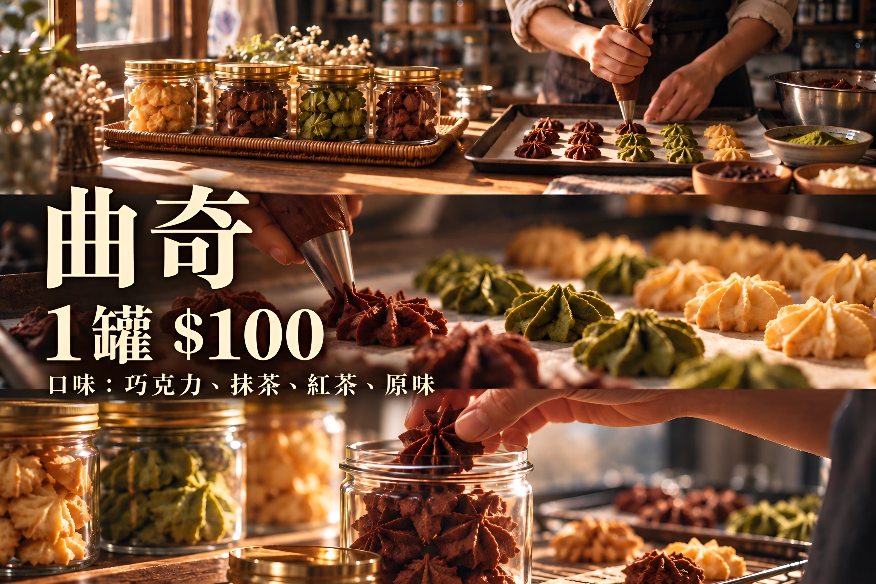 手工曲奇：擠花曲奇和罐裝曲奇，口味有巧克力、抹茶、紅茶、原味