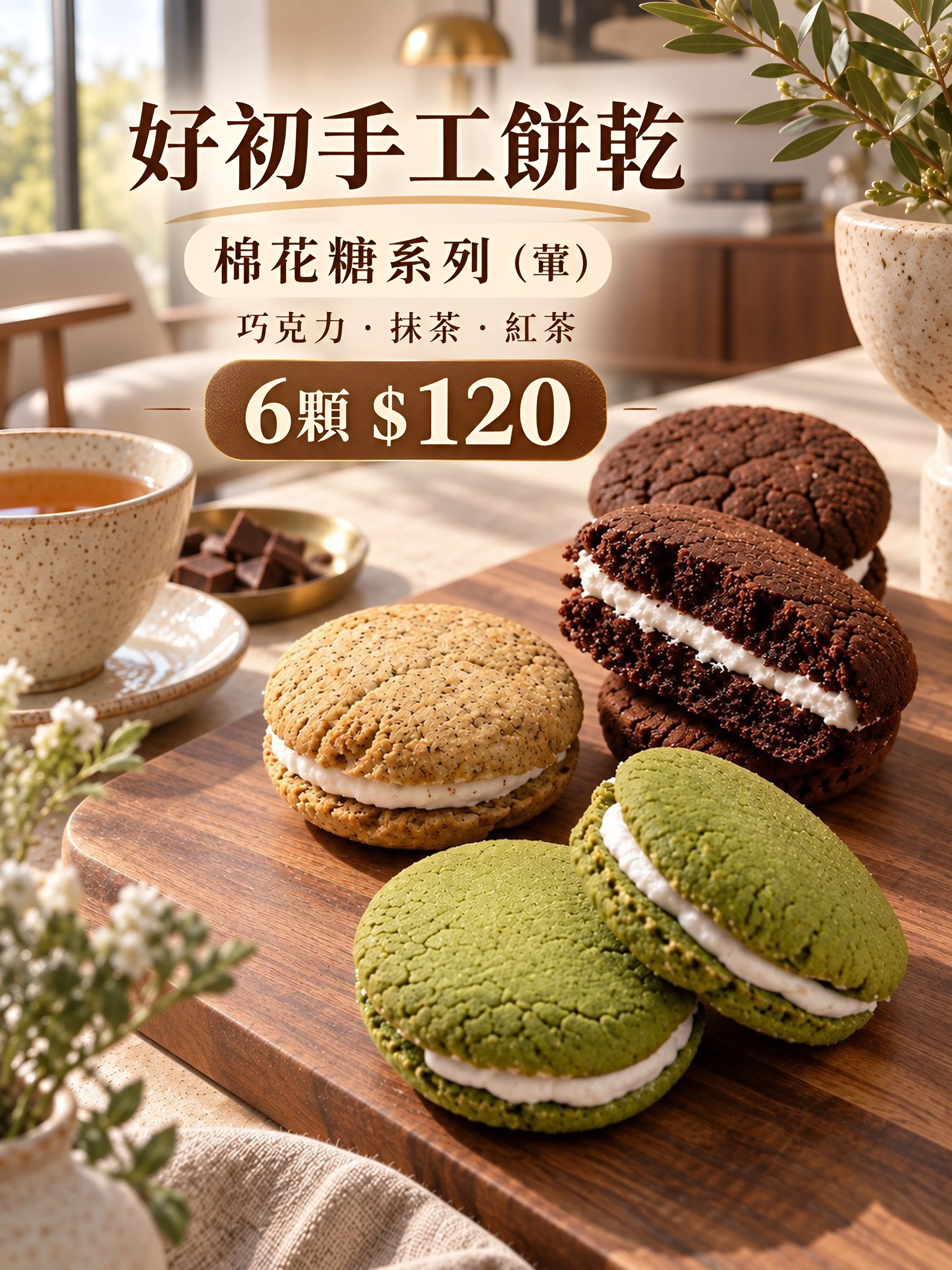 棉花糖夾心：巧克力、抹茶、紅茶三種口味的棉花糖夾心餅乾放在木盤上