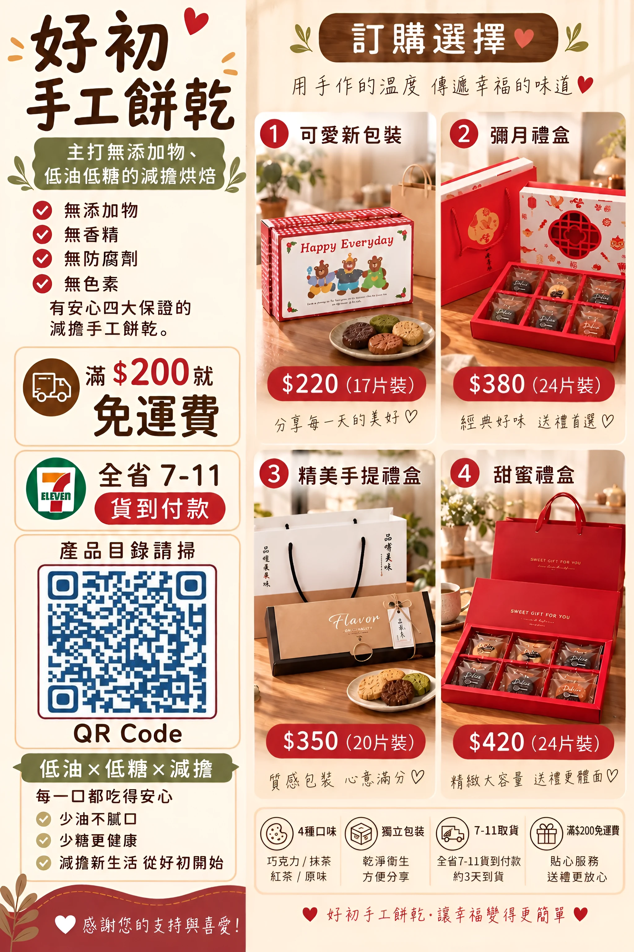 好初手工餅乾訂購選擇：四款禮盒的片數與價格