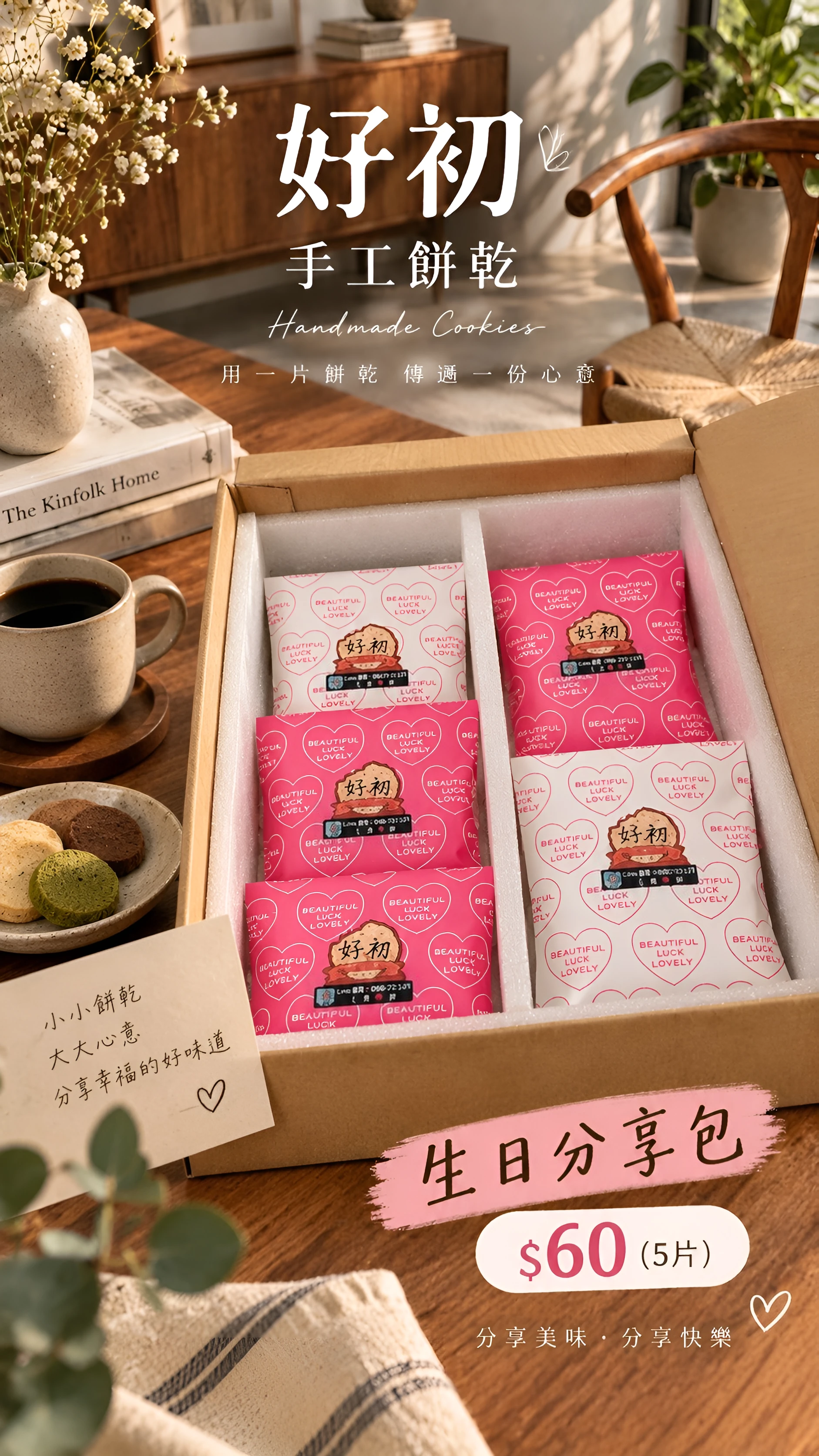 生日分享包：紙盒裡排著粉紅色和白色愛心紙袋，每包貼好初 Logo 貼紙