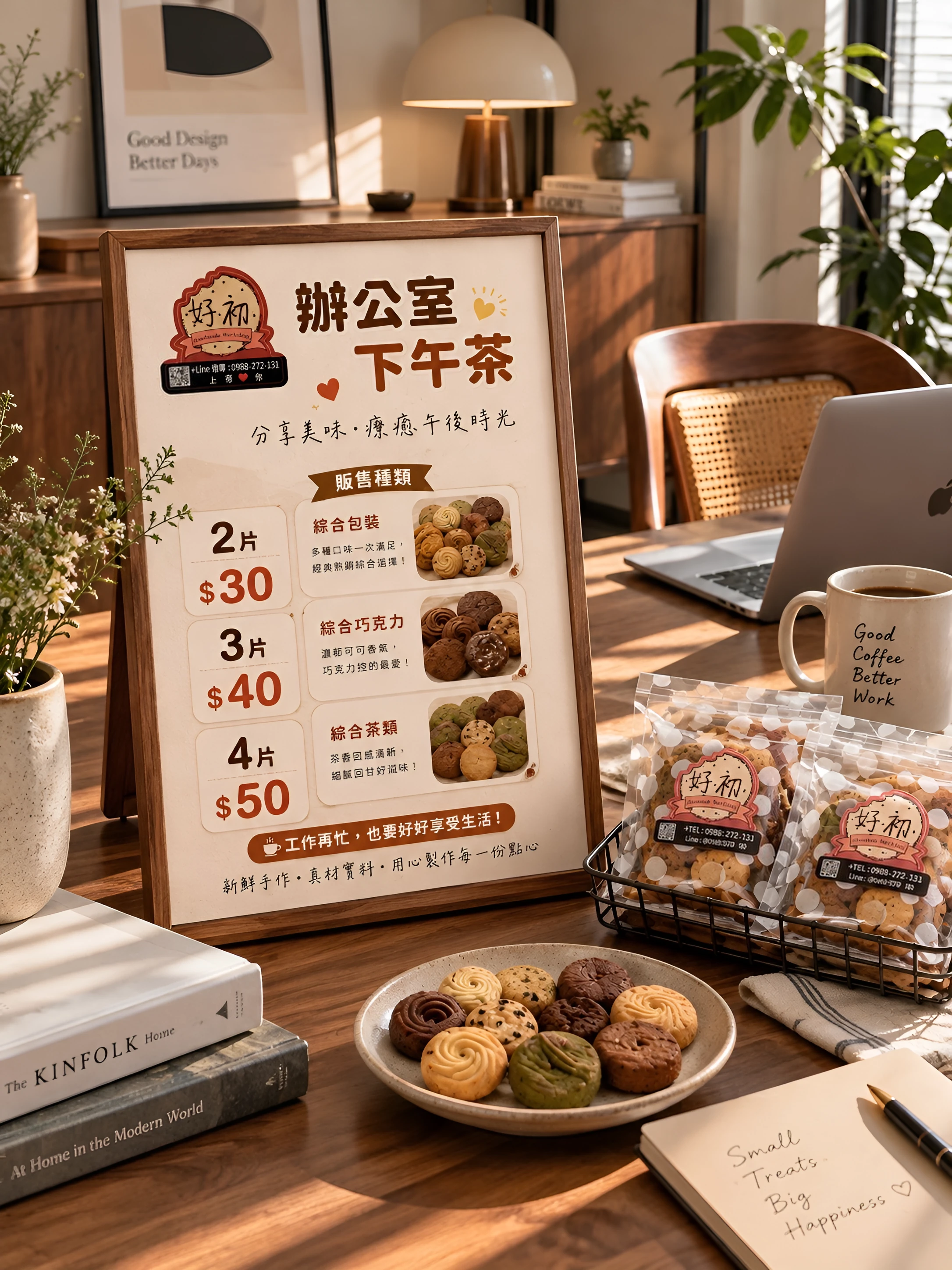 辦公室下午茶：桌上立牌寫著綜合包裝、綜合巧克力、綜合茶類，旁邊是圓點小包裝和一盤餅乾