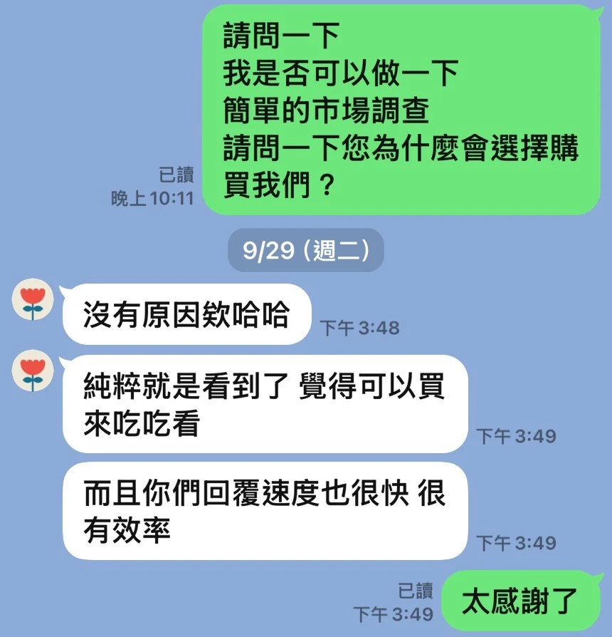 客人的 LINE 回饋：客人說看到就想買來吃吃看，回覆速度很快、很有效率